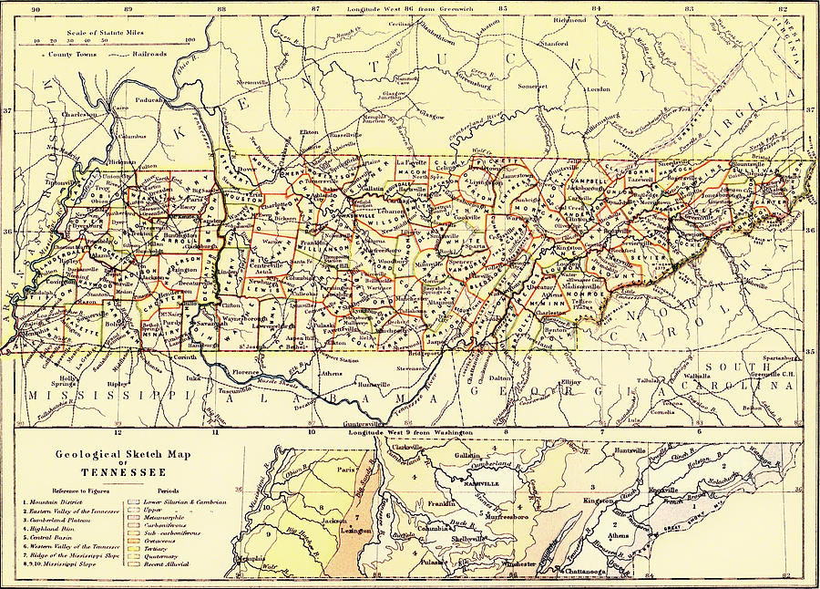 Antique State of Tennessee Map 1888 Drawing by Mountain Dreams Pixels