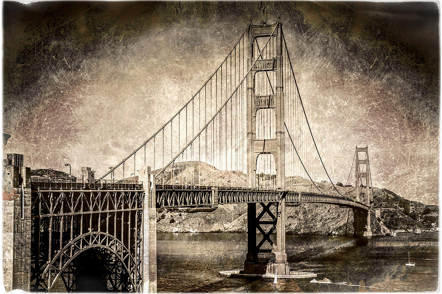 Antique style Golden Gate Bridge from the South end visitor area.  Photograph by Jennifer Rondinelli Reilly - Fine Art Photography