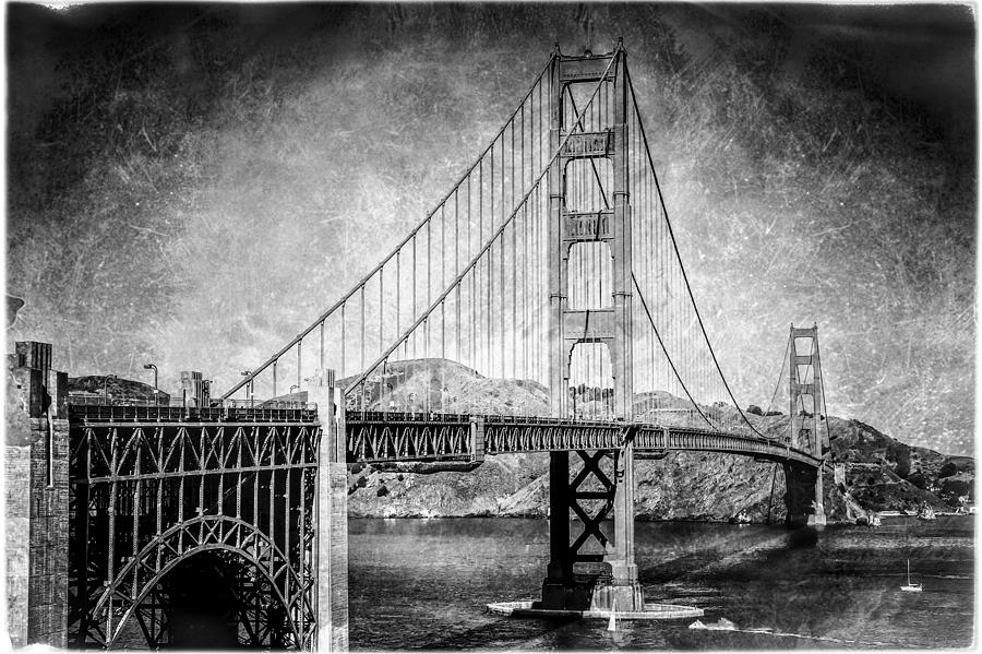 San Francisco Photograph - Antique style Golden Gate Bridge in Black and White by Jennifer Rondinelli Reilly - Fine Art Photography