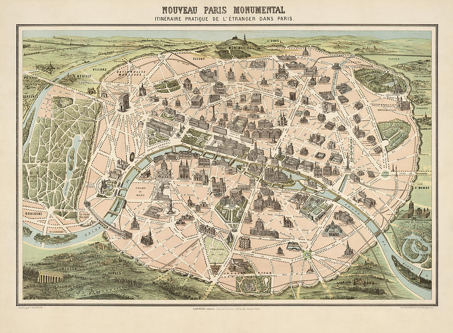 Antique Tourist Map of Paris France by Garnier - circa 1860 Drawing by Blue Monocle