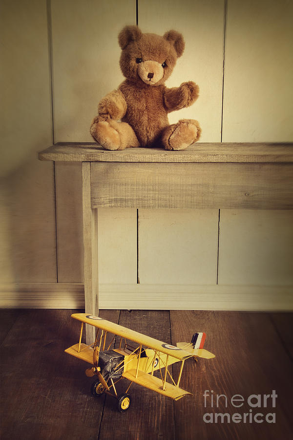 Vintage Photograph - Antique toys on wooden bench with vintage look by Sandra Cunningham