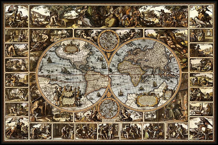 Antique World Map Circa 1670 II Drawing by L Brown