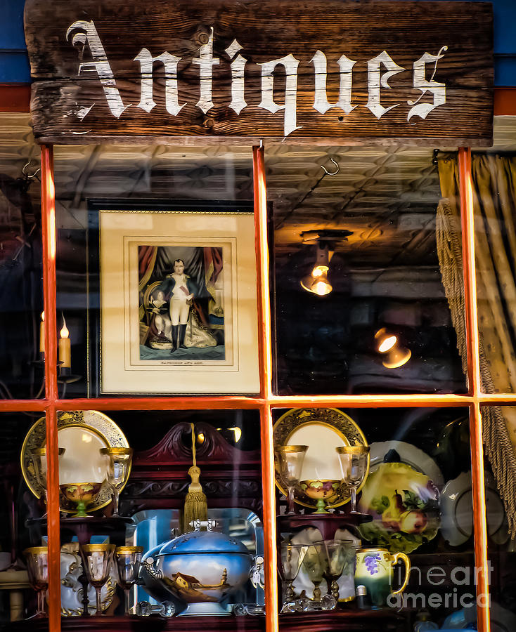 Sign Photograph - Antiques in the Window by Colleen Kammerer