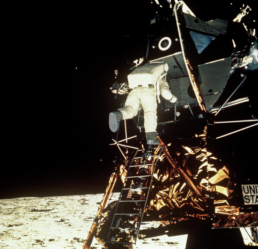 Space Photograph - Apollo 11 Astronaut Aldrin Leaving Lunar Module by Nasa/science Photo Library