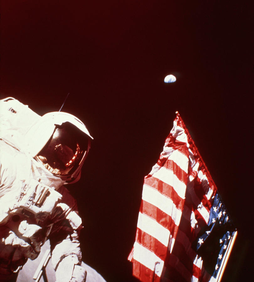 Space Photograph - Apollo 17 Astronaut On Moon With Flag by Nasa/science Photo Library.