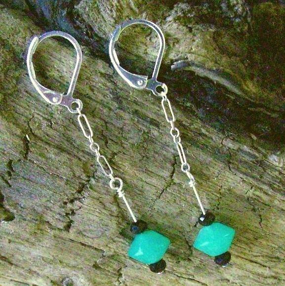 Onyx Jewelry - Apple Green Chrysoprase  Onxy  Sterling Earrings by Ann Mooney