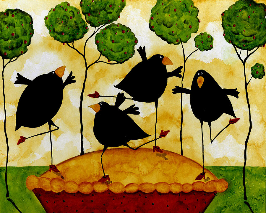 Blackbird Painting - Apple Pie Crow Bird Blackbird Raven Wildlife Animal  Whimsical Folk Debi Hubbs Art by Debi Hubbs