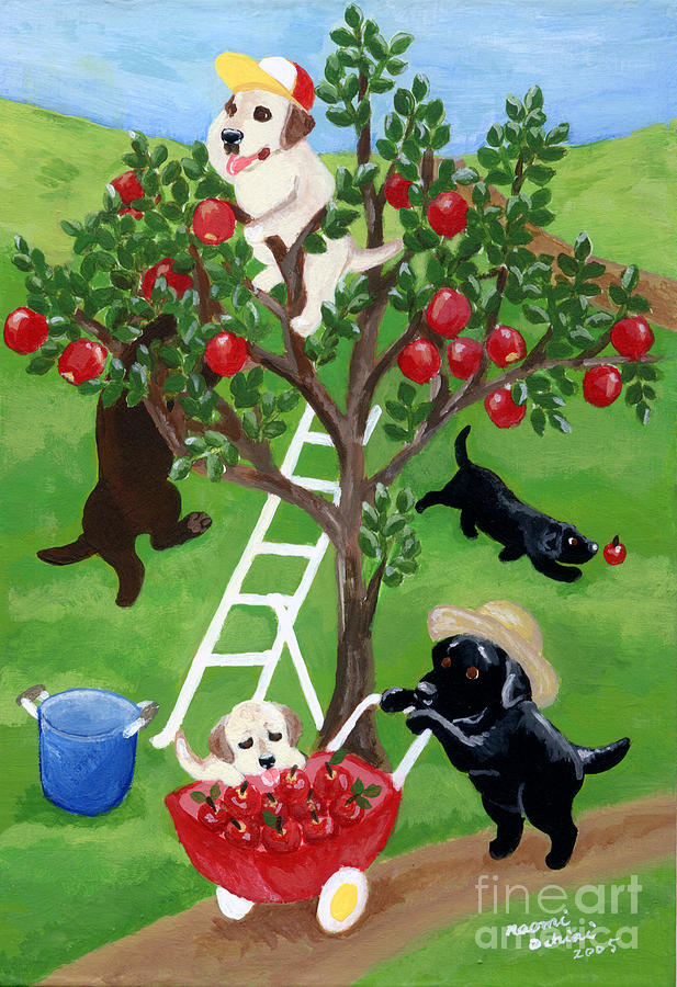 Apple Tree Labradors Painting by Naomi Ochiai