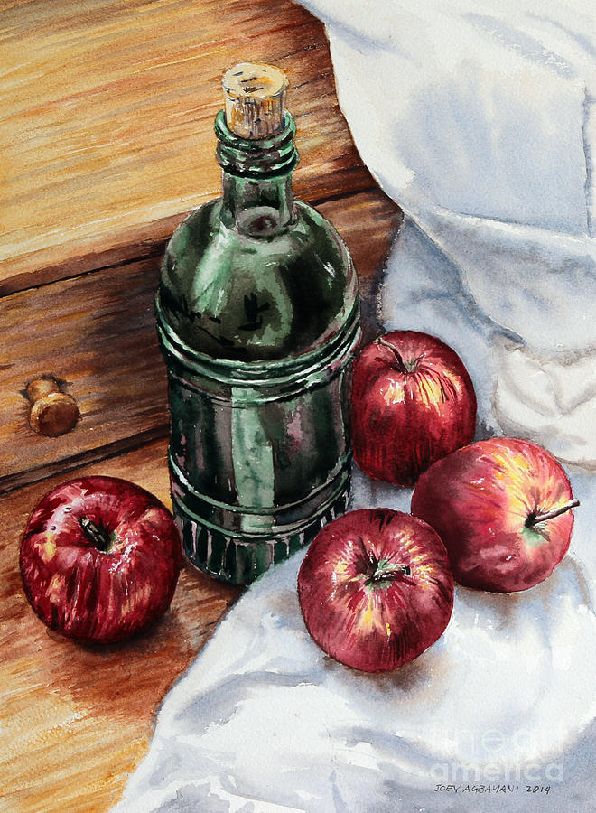 Apples and a Bottle of Liqueur Painting by Joey Agbayani