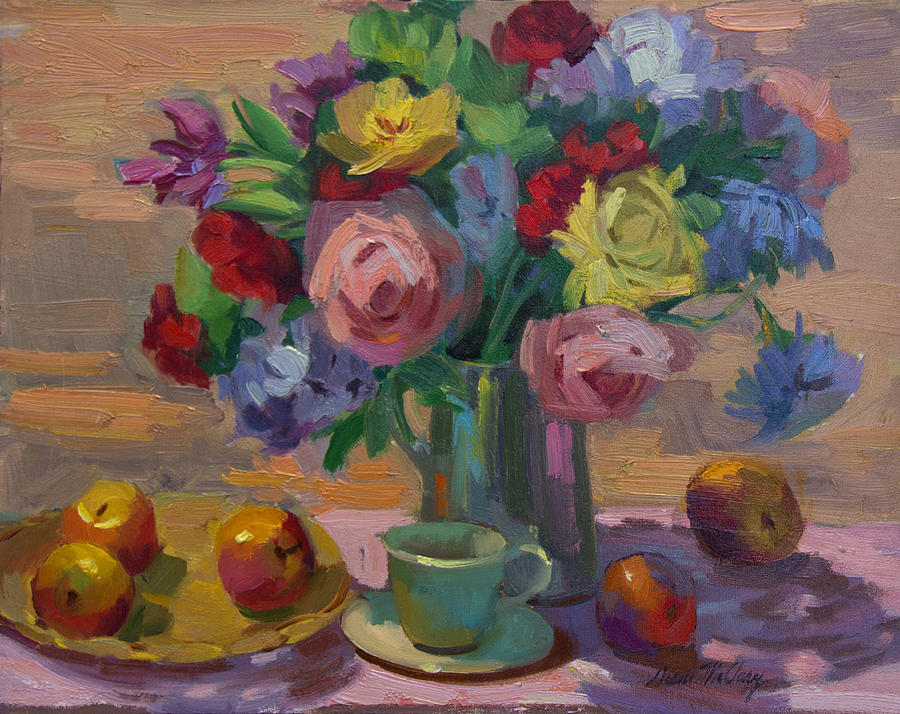 Apple Painting - Apples and Roses Plein Air by Diane McClary