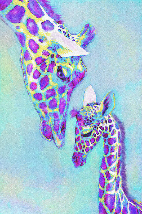 Giraffe Digital Art - Aqua And Purple Loving Giraffes by Jane Schnetlage