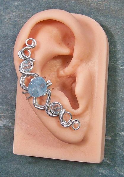 Silver Jewelry - Aquamarine Swarovski Crystal and Silver Coiled Helix Ear Cuff by Heather Jordan