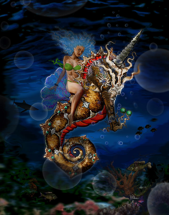Seahorse Digital Art - Aquatic Goddess on Unicorn Seahorse by Doug LaRue Seahorse Digital Art - Aquatic Goddess on Unicorn Seahorse by Doug LaRue