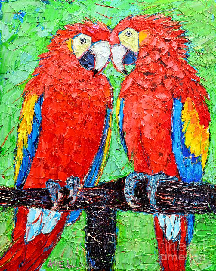 Ara Love A Moment Of Tenderness Between Two Scarlet Macaw Parrots Painting by Ana Maria Edulescu