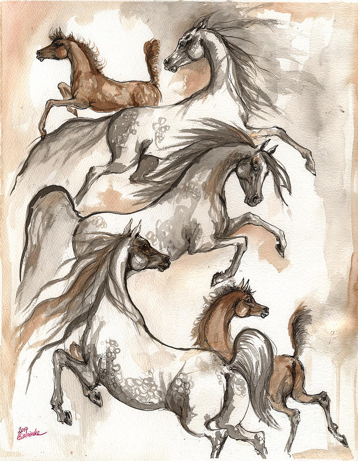Arabian horses ink painting 2014 04 12 Painting by Ang El