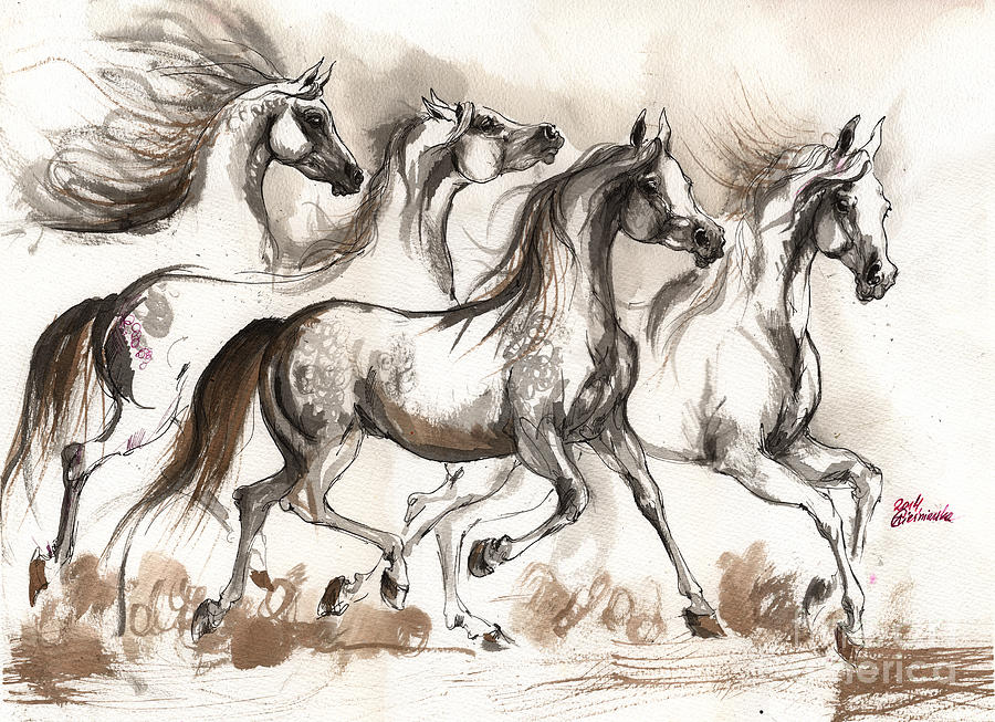 Arabian horses ink painting 2014 04 16 Painting by Ang El