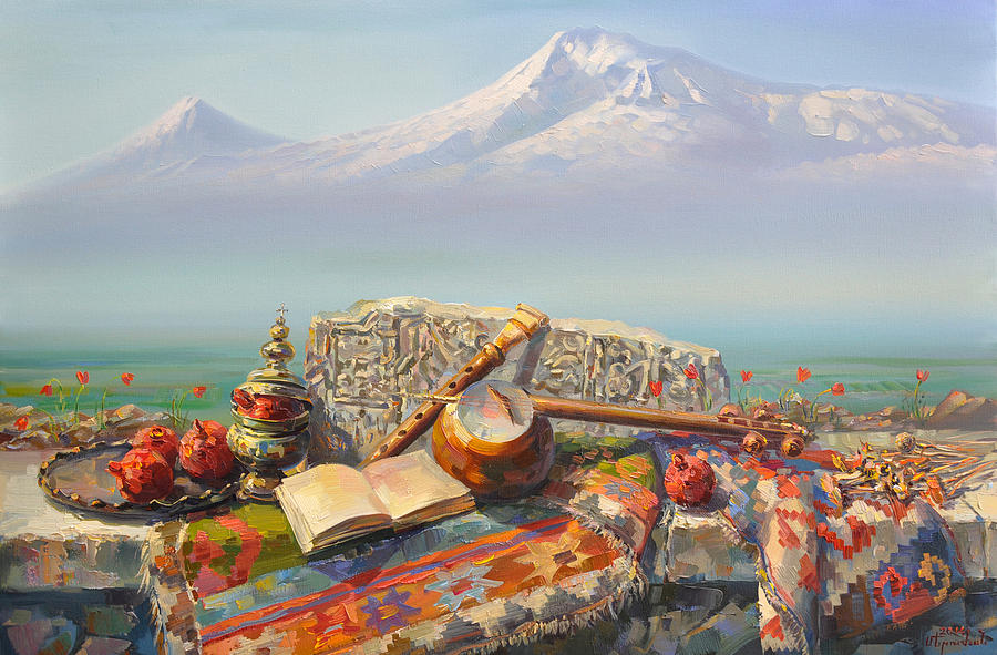 Ararat with kamancha and duduk. Painting by Meruzhan Khachatryan