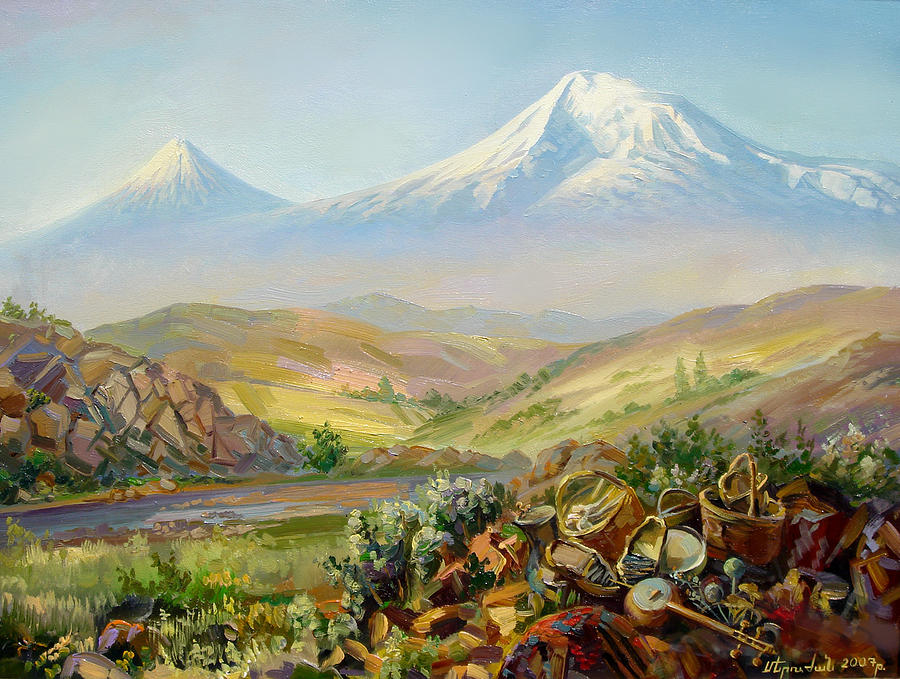 Mountain Ararat Painting - Ararat with national attributes of culture  by Meruzhan Khachatryan