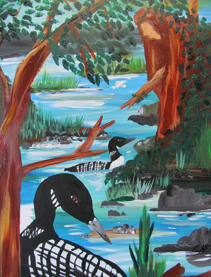 Arbutus and Loons Painting by Susan Voidets