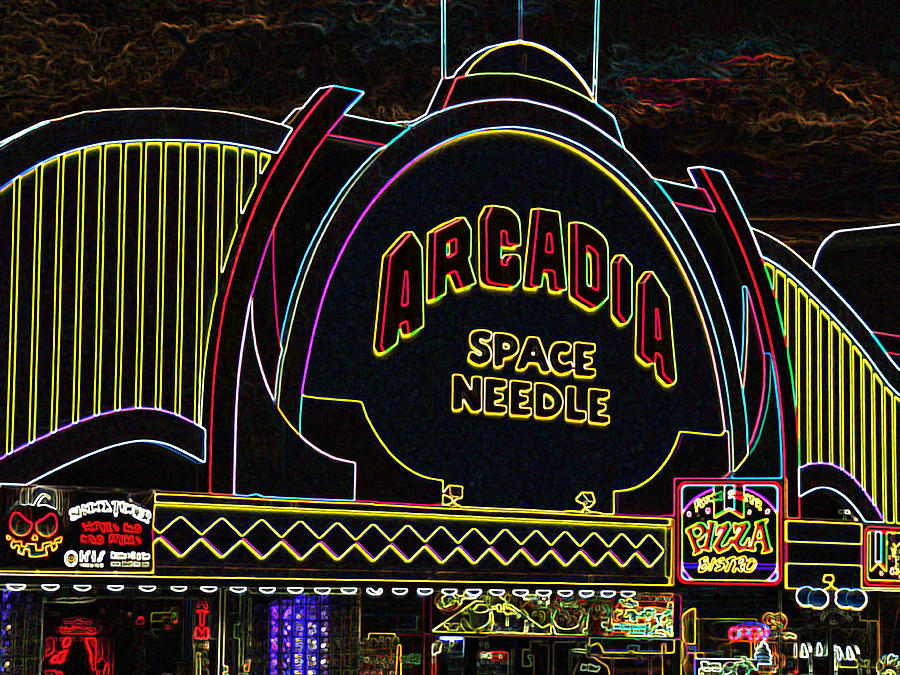 Neon Photograph - Arcadia Space Needle in Neon by Marian Bell