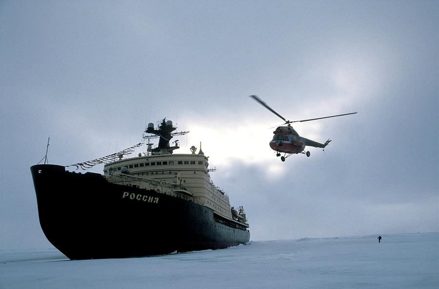 Transportation Photograph - Arctic Icebreaker And Helicopter by Patrick Landmann/science Photo Library