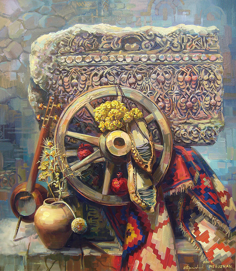 Still Life Painting - Armenian cross - stone with a wheel by Meruzhan Khachatryan