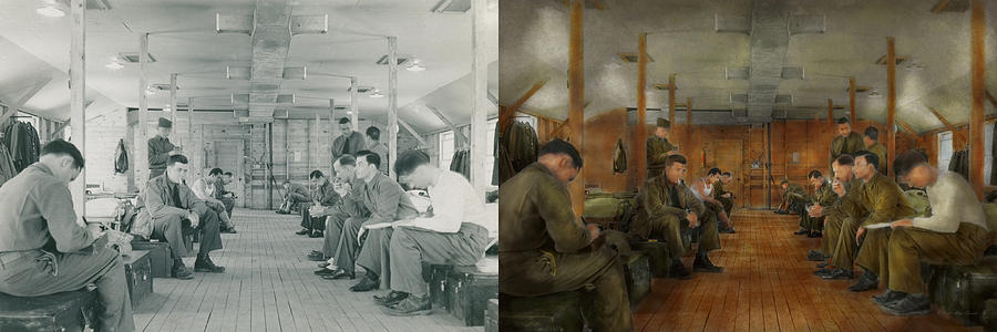 Vintage Photograph - Army - Relaxing in the barracks - Side by Side by Mike Savad