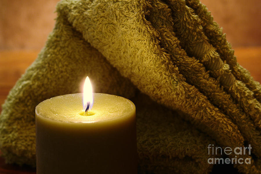 Candle Photograph - Aromatherapy Candle and Towel by Olivier Le Queinec