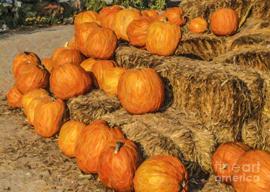Arrangement of Pumpkins on straw bales Digital Art by Liz Leyden