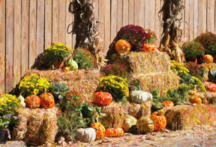 Arrangement of pumpkins with flowers Digital Art by Liz Leyden
