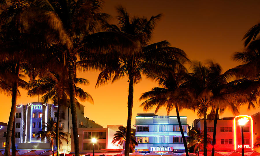 art-deco hotels and restaurants in South Beach, Miami during sunset Photograph by Cdwheatley