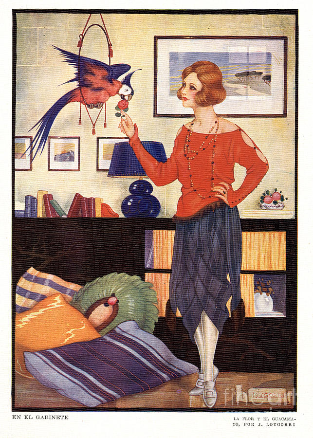 Bird Drawing - Art Deco Woman With Parrot 1920s Spain by The Advertising Archives