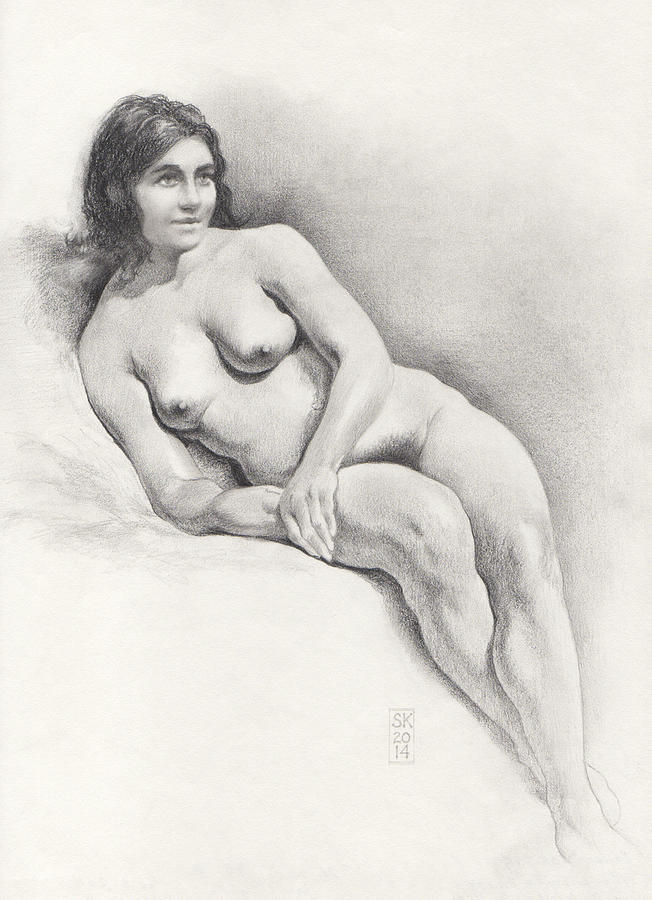 Female Nude Drawing - Art Model Lounging on Her Right Side by Scott Kirkman