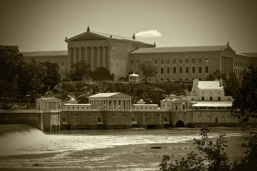Art Museum and Fairmount Waterworks - BW Photograph by Lou Ford