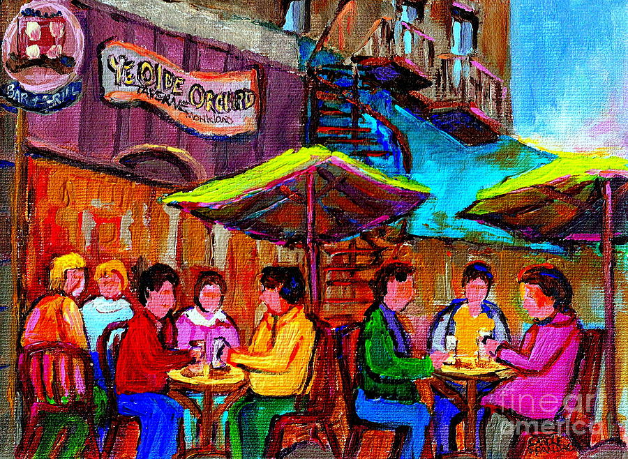Art Of Montreal Enjoying A Pint At Ye Olde Orchard Irish Pub And Grill Monkland Village Cafe Scenes Painting by Carole Spandau