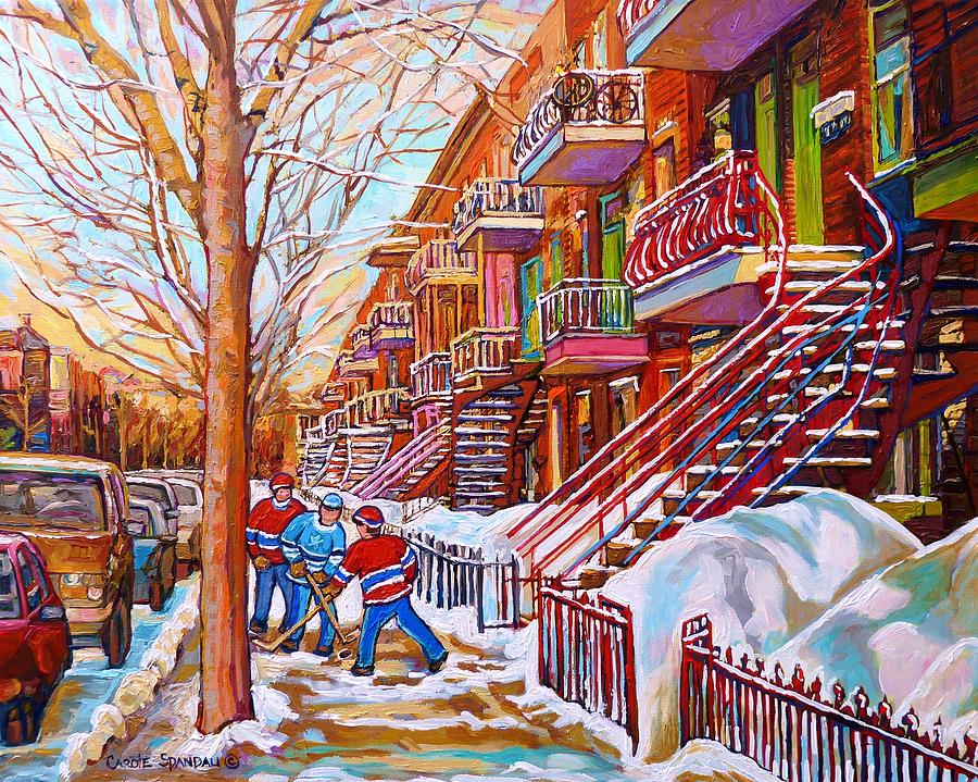 Art Of Montreal Staircases In Winter Street Hockey Game City Streetscenes By Carole Spandau Painting by Carole Spandau