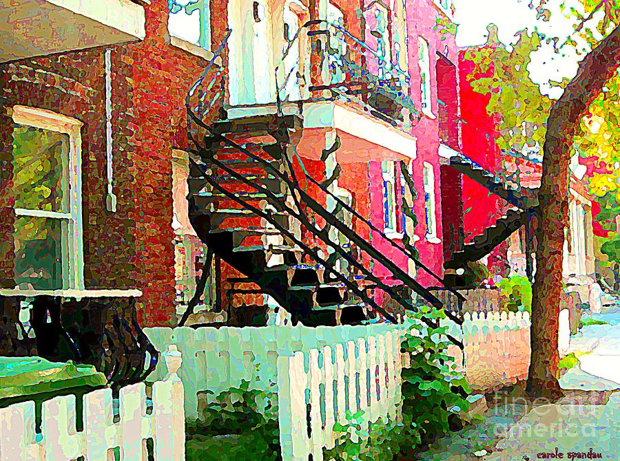 Art Of Montreal White Picket Fence In Verdun Summer Street Scenes Staircases Porches Carole Spandau Painting by Carole Spandau