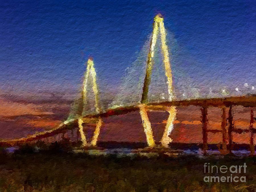 Arthur Ravenel Bridge at Evening  Mixed Media by Anthony Fishburne