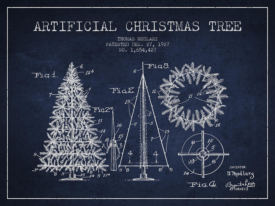 Christmas Digital Art - Artifical Christmas Tree Patent from 1927 - Navy Blue by Aged Pixel