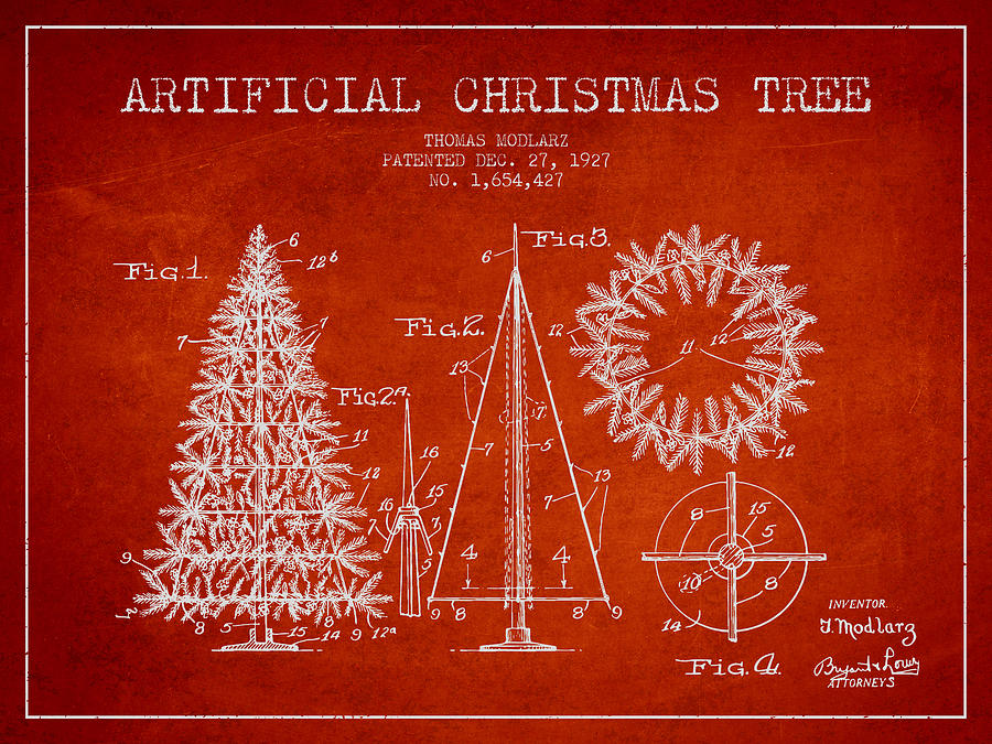 Christmas Digital Art - Artifical Christmas Tree Patent from 1927 - Red by Aged Pixel