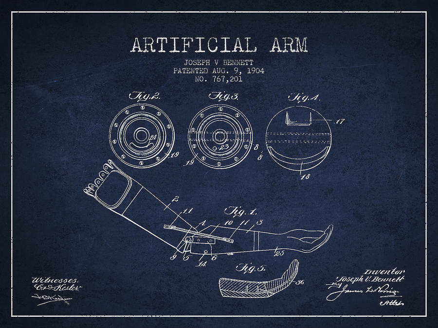 Vintage Digital Art - Artificial Arm patent from 1904 - Navy Blue by Aged Pixel