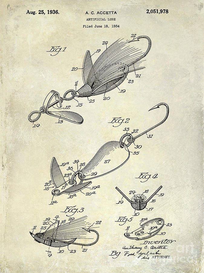 Bass Photograph -  1936 Artificial Bait Patent Drawing  by Jon Neidert