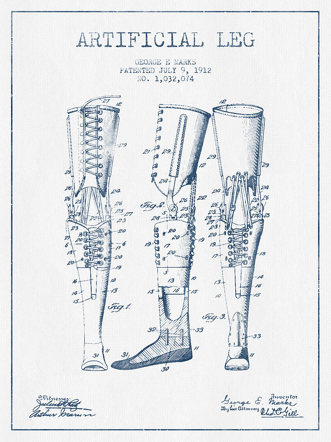 Vintage Digital Art - Artificial Leg Patent from 1912 - Blue Ink by Aged Pixel