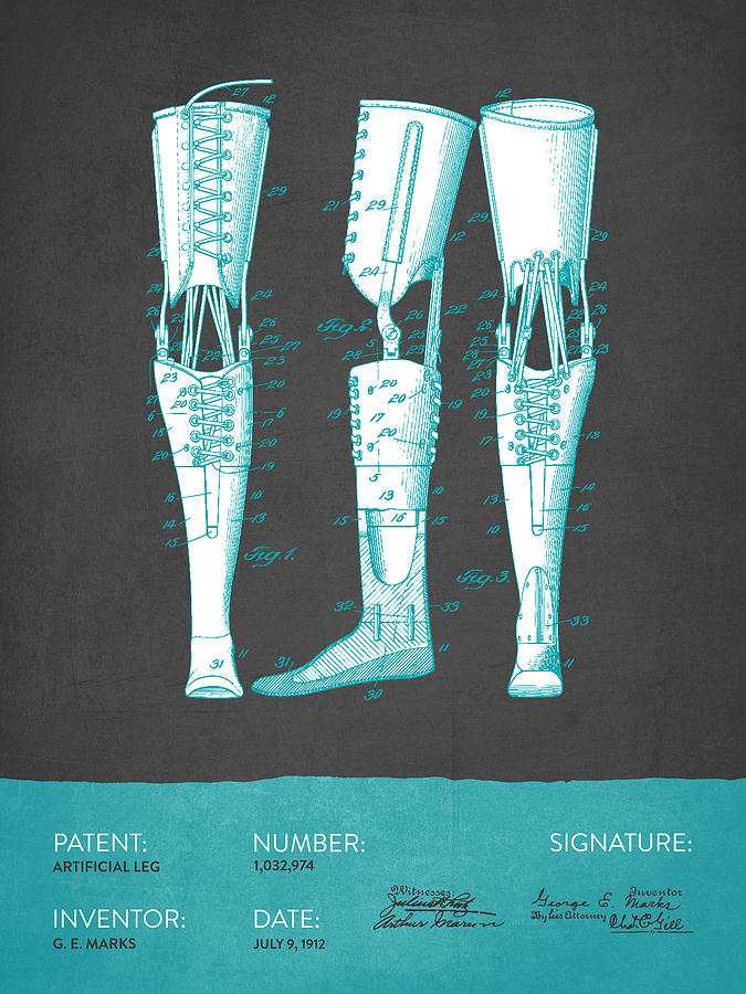 Vintage Digital Art - Artificial Leg Patent from 1912- Gray Turquoise by Aged Pixel