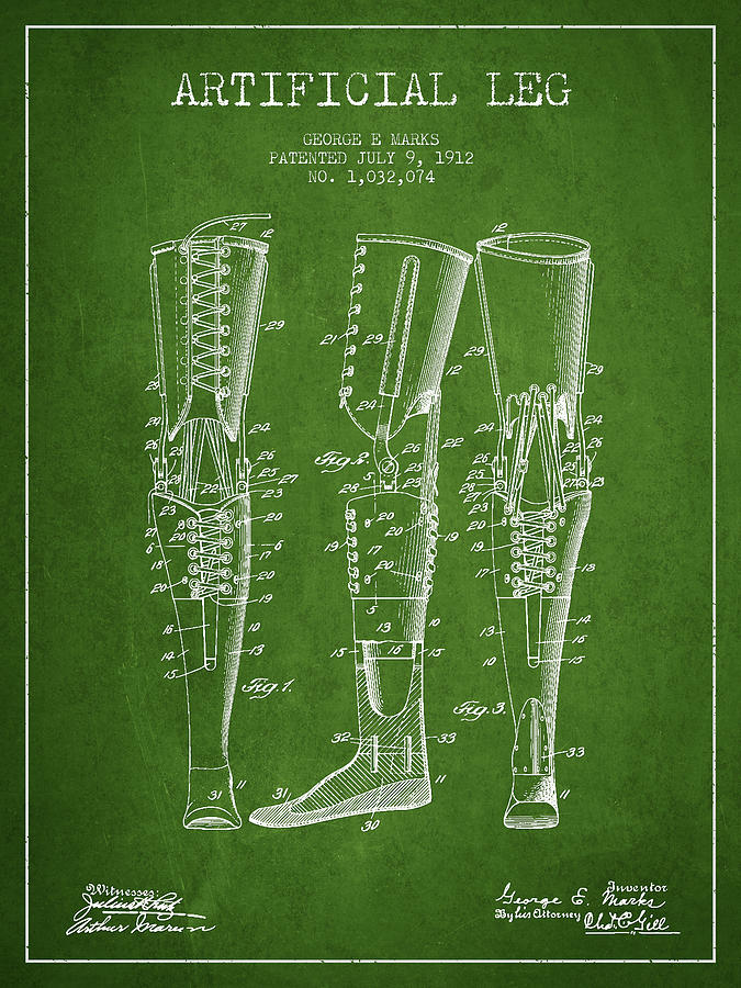 Vintage Digital Art - Artificial Leg Patent from 1912 - Green by Aged Pixel