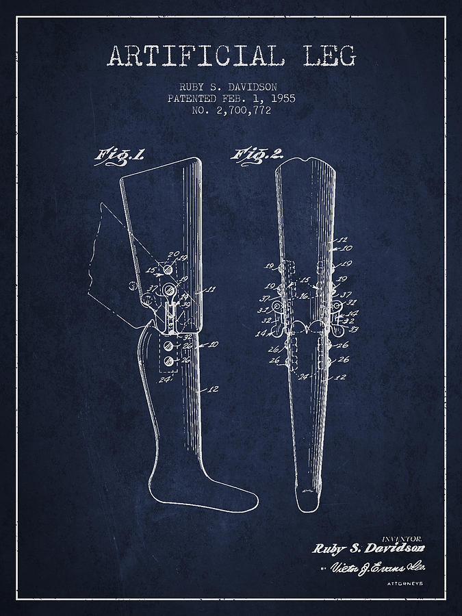 Artificial Leg Patent From 1955 - Navy Blue Digital Art