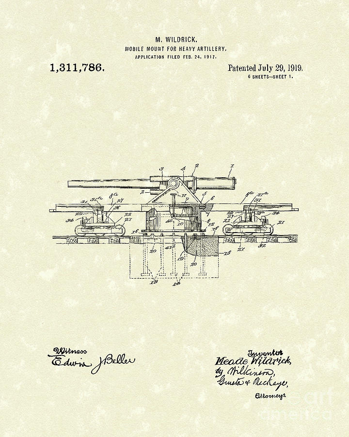 1919 Drawing - Artillery Mount 1919 Patent Art by Prior Art Design