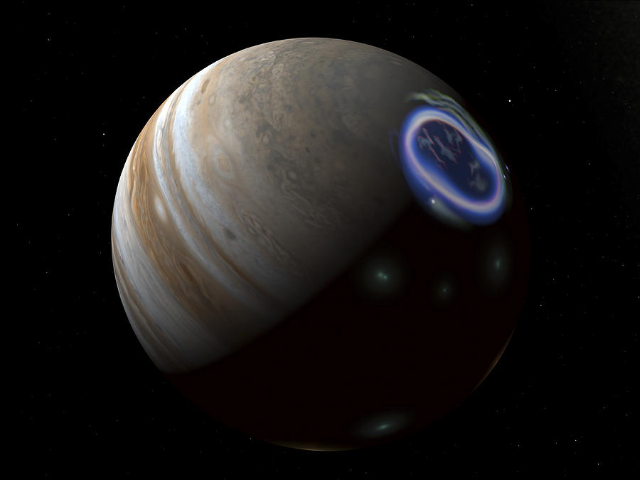 Artists concept of an aurora on Jupiters north pole. Drawing by Walter Myers/Stocktrek Images