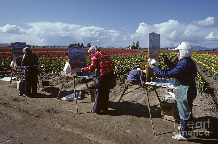 Artists painting tulip fields standing in a row  Photograph by Jim Corwin