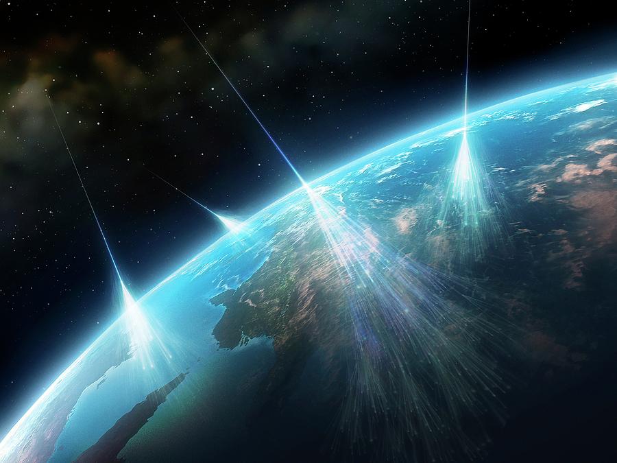 Artwork Of Cosmic Rays Hitting Earth Photograph by Mark Garlick/science Photo Library